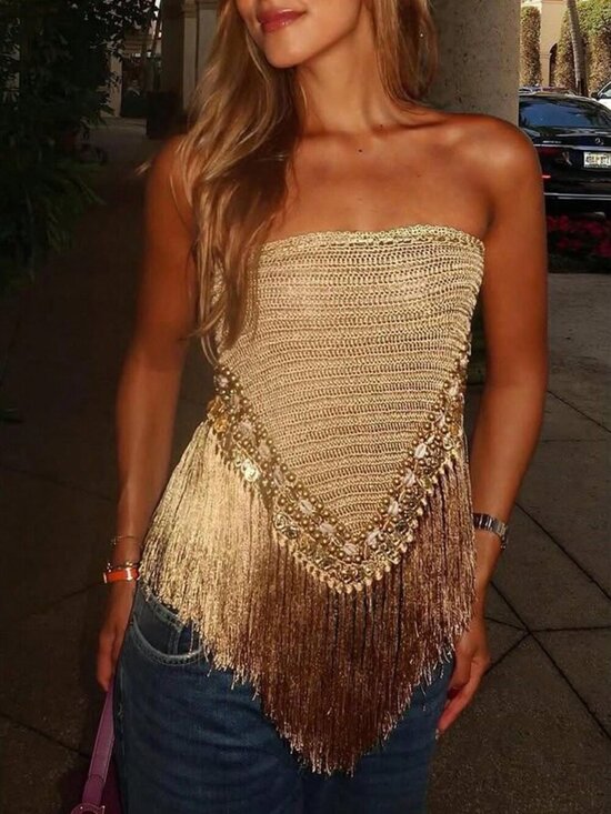 Tops - Gold Boho Sequin Fringe Knitted Women's Tube Top